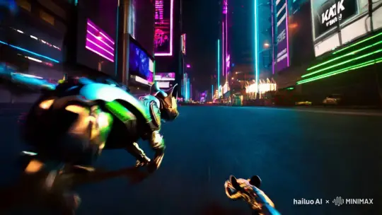 In a neon-lit Cyberpunk-style cityscape at night, a mechanical cat chases an electronic mouse. Both move swiftly and precisely, with a backdrop of high-tech buildings and flickering screens. The handheld camera is close to the ground, capturing this futuristic chase. The atmosphere is mysterious, captured in 4K high definition. by Hailuo AI Video Generator