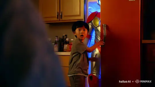 小男孩打开冰箱门，冰箱门里出现一个奥特曼，小男孩开心的和奥特曼拥抱 by Hailuo AI Video Generator