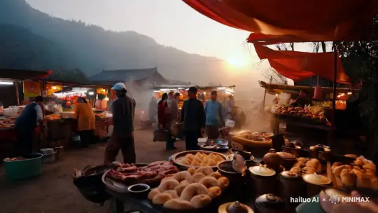 清晨的阳光透过薄雾，中国农村集市上，各式各样的早餐。 by Hailuo AI Video Generator