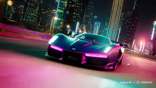 设计一辆跑车并在灯火通明的城市飞驰车 by Hailuo AI Video Generator