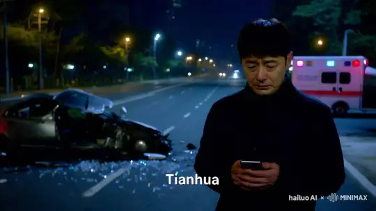 深夜的街道，昏暗的路灯照在被撞毁的汽车残骸上，路面上散落着玻璃碎片。远处，急救车闪着红光，男子天华站在路边，手里紧握着手机，眼神空洞，满脸悲伤。 by Hailuo AI Video Generator
