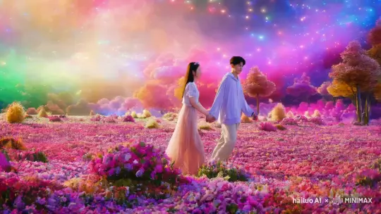 In a dreamy virtual world, Tianhua and the digital woman, Xiao Ai, walk hand in hand through a sea of flowers, with multicolored lights floating in the sky. The surroundings are as beautiful as a fairytale. by Hailuo AI Video Generator