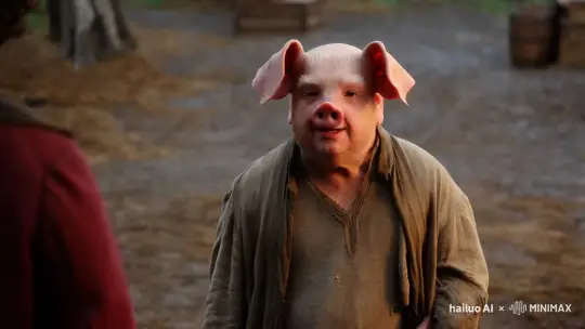 A proud, lazy character with a heavy build, human-like but with pig-like traits such as a snout-like nose and slightly floppy ears. He wears loose, unkempt clothing and has an amused, boastful expression. Realistic style, earthy colors, soft light by Hailuo AI Video Generator