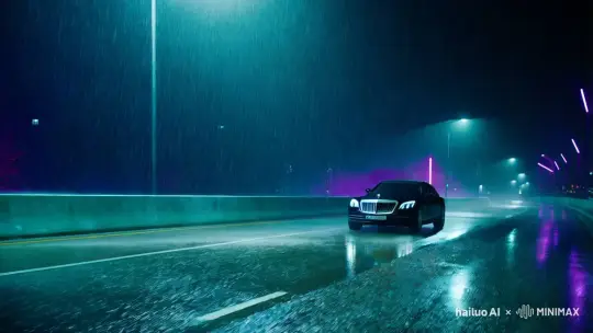 1.雨夜
2.迈巴赫是以超速行驶在高架桥上 
3.整体氛围要有阴郁蓝调的感觉 
4.视角要跟随着迈巴赫行驶方向
5.背景是紫色赛博朋克风格 by Hailuo AI Video Generator