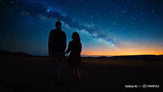 一对情侣牵手，在繁星点点的夜空中漫步，背景中的星河在缓慢的移动，远处夕阳的霞光洒满大地 by Hailuo AI Video Generator