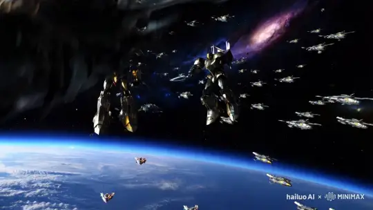在地球外的星海中，上万艘星际战舰，在混战，突然出现了两架如太阳一般巨大的机甲，这两架机甲，其中一架拿着巨剑，另外一架拿着长枪，随意挥舞他们手中的兵器，就有无数战舰和宇宙之中的陨石破碎 by Hailuo AI Video Generator