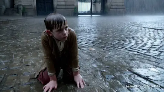 空阔的巷子里，天空中下起了暴雨，一个男孩淋着雨双脚下跪，但目光却看向了那道大门！他的面前是一个古典的建筑，正对门 by Hailuo AI Video Generator