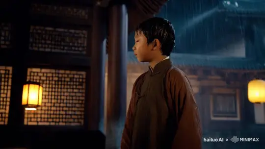 人物角色：中国古典少年
场景：中国古式建筑
镜头一：夜幕降临，镜头从远到近拉近到一个少年脸颊的侧面，天空中下着暴雨，少年清澈的目光望着前面，就那样呆呆的站着！
镜头二：少年犹豫片刻，尝试用手去敲门，但是当手即将接触到门的那一刻，他再次犹豫了，回眸半刻。唉声叹道，于是便回头径直走去，并没有敲响那个门！
镜头三：少年残留的背影，镜头从远到近 by Hailuo AI Video Generator