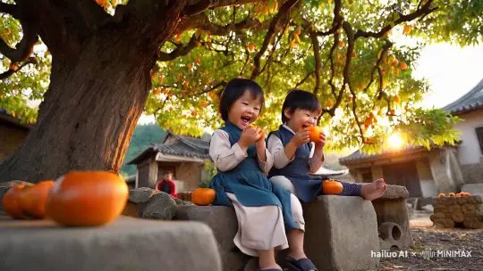 中国小山村，柿子树下，两个小孩子，坐在石头凳子上，开心的吃着柿子。 by Hailuo AI Video Generator