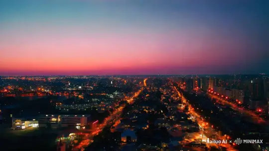 迷离梦幻的场景，FPV 飞过的地点不断变化。夜晚的城市、海滩、水下珊瑚、太空。动态运动、动态模糊、延时摄影、超高速、30 倍速、电影效果、柔和色调。 by Hailuo AI Video Generator