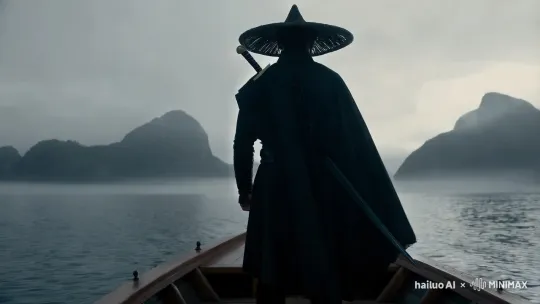 画一个大侠，站在一个船上，大侠带着黑色的草帽和披着黑色的披风，披风微微飞起，大侠背着一把刀，天空很大雾，大侠站在船上，大侠背对着镜头，船在慢慢的向大山飘去 by Hailuo AI Video Generator