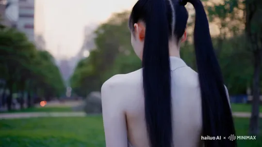 
姑娘露出赤裸裸而白嫩的后背，她的头发非常长，而且乌黑柔顺，她的长发被扎成了两条高高的马尾辫，姑娘在公园里走着，高高的的双马尾在后背甩来甩去的
 by Hailuo AI Video Generator