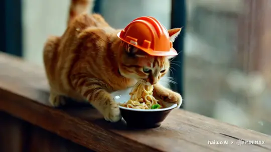 图片上是一只戴着建筑帽、吃着碗里面条的小橘猫。这只小猫坐在长椅或窗台上，碗里的面条被它用爪子捧着。这幅画面似乎是在表现一只小猫在享受美食时的顽皮和奇思妙想。	
	
	
	
	
	
	
	
	
	 by Hailuo AI Video Generator
