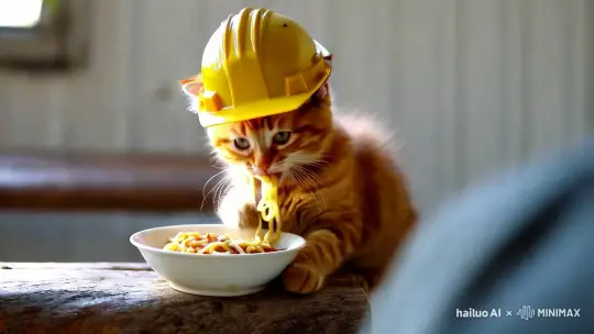 图片上是一只戴着建筑帽、吃着碗里面条的小橘猫。这只小猫坐在长椅或窗台上，碗里的面条被它用爪子捧着。这幅画面似乎是在表现一只小猫在享受美食时的顽皮和奇思妙想。	
	
	
	
	
	
	
	
	
	 by Hailuo AI Video Generator