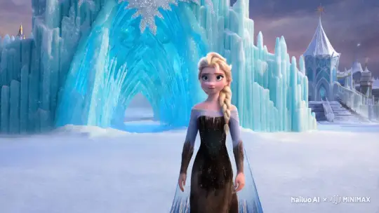 艾莎公主假装是一个乞丐来到冰雪王国华丽变身为冰雪王后冋时也变出冰雪官殿让天空也下了雪 by Hailuo AI Video Generator