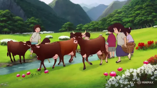 一群小孩去放牛牛有七八头，牛在稍微平坦的草坪上吃草，小孩们在小溪里摸鱼，摸鱼用的工具是比较传统的竹篓，两边是一座座高山绿树成荫初春时节山上零散的山茶花有已经开放有的还是骨朵还有一些白色马缨花和红色杜鹃也开发，山间一条小溪清楚甘甜水清到可以看见小溪里小鱼在游动，小孩们年龄各不同都不超过10岁，但他们开心的笑着摸鱼，有的在看有的在帮忙，好一个童年的回忆时光 by Hailuo AI Video Generator