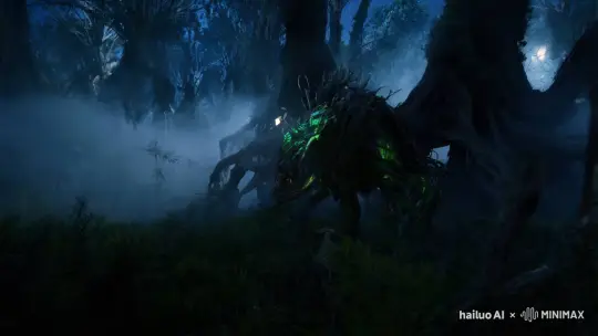 In the dark forest, a twisted alien creature moved slowly, its limbs extending like branches and emitting a faint fluorescent light. In the background are ancient trees filled with fog, and moonlight sprinkles down, creating a mysterious atmosphere. The camera works in slow motion, close-ups show the creature's delicate textures and strange eyes, while distant views show its silhouette as it weaves through the trees. The overall style favors surrealism and eeriness, with a low soundtrack to increase the sense of tension. by Hailuo AI Video Generator