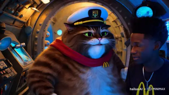 胖猫与科比在潜水艇中，科比说：“胖猫你也太聪明了，现在已经成为海军上将了。”胖猫一笑说：“多亏了给我点的麦当劳。” by Hailuo AI Video Generator