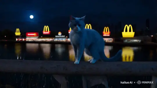 一只蓝色的猫长的很丑，在半夜桥上要跳桥，最后跳下去了，桥上有很多麦当劳 by Hailuo AI Video Generator