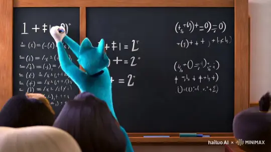 蓝色的猫是数学老师在讲课，他在讲1+1=2的论证，写满了3个黑板，并且第四块黑板即将写满 by Hailuo AI Video Generator