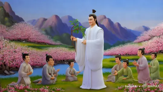 画面绘的是山中春景，桃花片片，溪水潺潺。九位弟子或站或坐，动作神态相异，却都是轻松惬意的。
而在画面中央的那白衣仙人，右手执一桃枝，桃枝的另一端搭在左手的掌心，容貌俊逸，面带浅笑，望着画卷外的人。 by Hailuo AI Video Generator