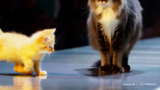 两只猫，一只是黄色可爱小猫的一只是威武的猫，在走模特舞台 by Hailuo AI Video Generator