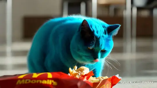 克莱因蓝的胖猫偷吃麦当劳。 by Hailuo AI Video Generator