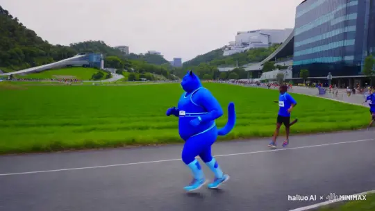 装备齐全的蓝色人形胖猫跑马拉松 by Hailuo AI Video Generator