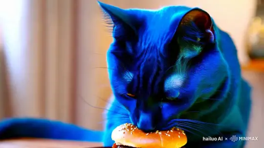 蓝色的胖猫在吃汉堡 by Hailuo AI Video Generator