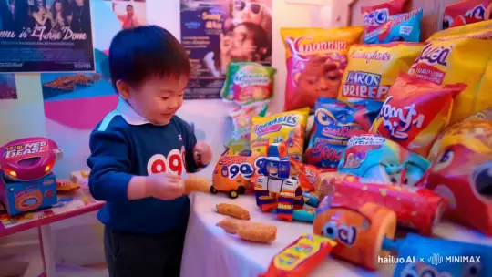 一个出生90年代的小男孩，身处一个都是当时那个年代的玩具还有零食的房间里，突然回忆起童年
 by Hailuo AI Video Generator