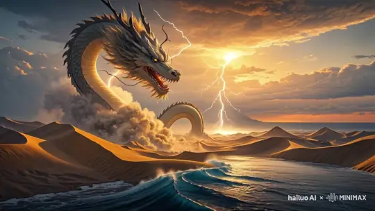 科幻电影镜头，沙漠被海洋覆盖，一条中国龙在空中出现，闪动雷鸣，波涛汹涌。 by Hailuo AI Video Generator