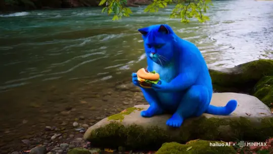蓝色肥胖类人型的猫在河边吃汉堡 by Hailuo AI Video Generator