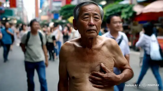 一个亚洲老人一只手扶着腰，因为腰疼不能走路。望着街道上川流不息的人群，只能望而兴叹。 by Hailuo AI Video Generator