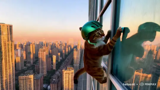 一只拟人化的猫，在高楼大厦的外墙壁，带着头盔，正在窗户外面擦玻璃，，背景是高楼大厦， 高清画质、为了生活奔波、坚强、细节 by Hailuo AI Video Generator