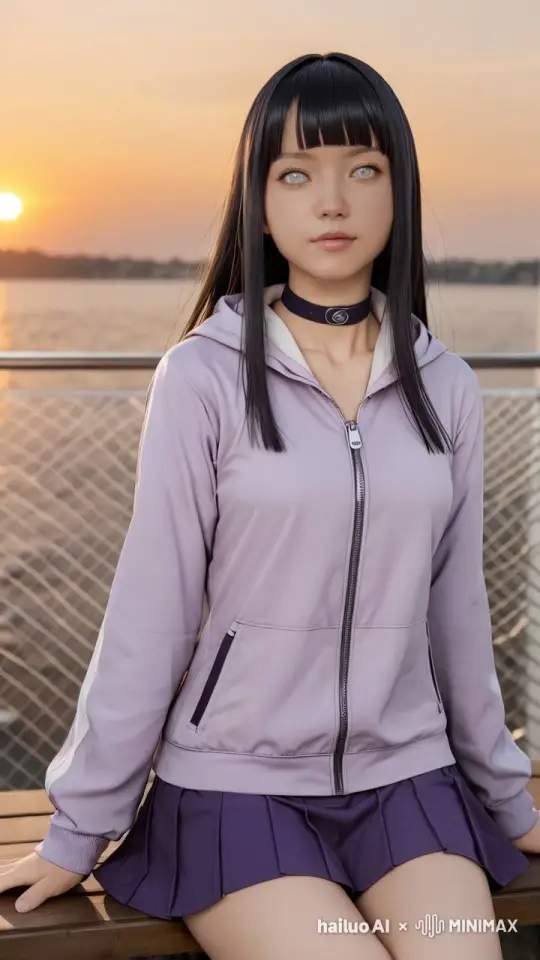 白色的眼睛的女孩转头看向夕阳，长发飘浮 by Hailuo AI Video Generator