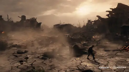 A desolate, ruined world with a dim, lifeless sky, filled with crumbling buildings and debris. Dust and scraps swirl in the wind, with few, withered plants scattered across the cracked ground. Rusted vehicles and abandoned machinery litter the landscape. Occasional survivors roam the wasteland, dressed in tattered clothes, armed with makeshift weapons, struggling to survive on limited resources. The air carries the scent of burning, as if a great disaster or war has recently swept through. by Hailuo AI Video Generator