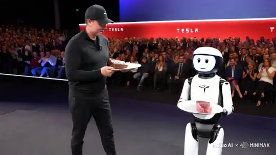 （镜头：中景镜头，展现特斯拉CEO埃隆·马斯克在发布会上介绍人形机器人Tesla Bot）； （光线：明亮的灯光，照亮整个发布会现场）； （视频内容：埃隆·马斯克穿着黑色运动服，戴着黑色的棒球帽，站在台上介绍人形机器人Tesla Bot。他向观众展示了名为Optimus的Tesla Bot，Optimus端着一盘牛肉，稳稳地走向马斯克。马斯克接过盘子，脸上带着满意的笑容，向观众展示盘中的牛肉，并继续介绍机器人的功能和特点。台下的观众们纷纷鼓掌，气氛热烈）； （背景：特斯拉新车发布会现场，台上摆放着Optimus机器人，台下观众席，观众们热情鼓掌） （镜头运镜：从马斯克介绍机器人的镜头切换到Optimus端着牛肉的特写，再切换到马斯克接过盘子的镜头，最后切换到台下观众鼓掌的镜头） （视频风格：现代科技，真实电影感） （画面质量：高清晰度，丰富的色彩和光影效果） by Hailuo AI Video Generator