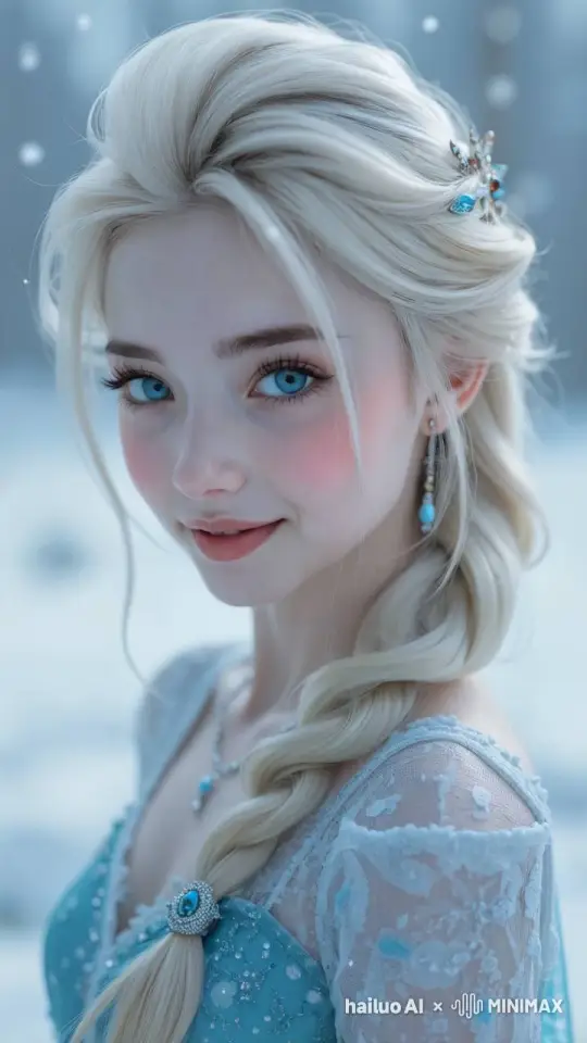 蓝色眼睛的少女在雪中，动态画面 by Hailuo AI Video Generator