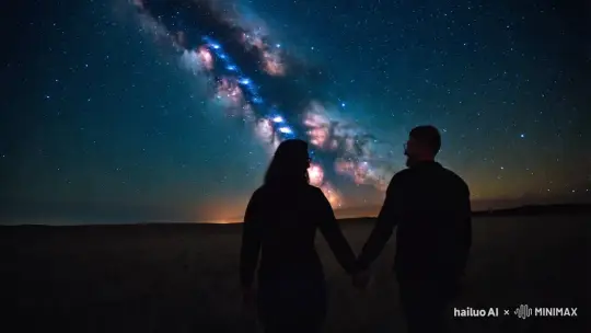 一对情侣牵手，在繁星点点的夜空中
漫步，背景中的星河在缓慢的移动 by Hailuo AI Video Generator