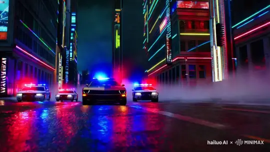赛博风格，一肌肉跑车在一栋栋大楼之间飞驰，后面又三辆警车追赶，其中一辆撞到大楼爆炸了 by Hailuo AI Video Generator