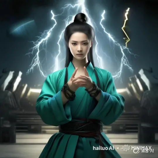 这位女侠虽然双手被捆绑，但为了解救平民，释放闪电和核弹打击犯罪 by Hailuo AI Video Generator