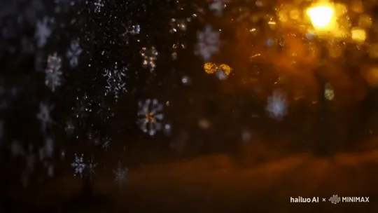 对着窗户的特写，雪花轻柔地飘舞，路灯的暖光映衬在窗玻璃上，形成了梦幻的光影效果。 by Hailuo AI Video Generator