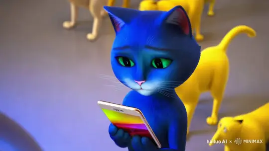 一只蓝色的猫，拿着oppo a5刷着视频，旁边一堆瘦的猫，他们都是黄色的 by Hailuo AI Video Generator