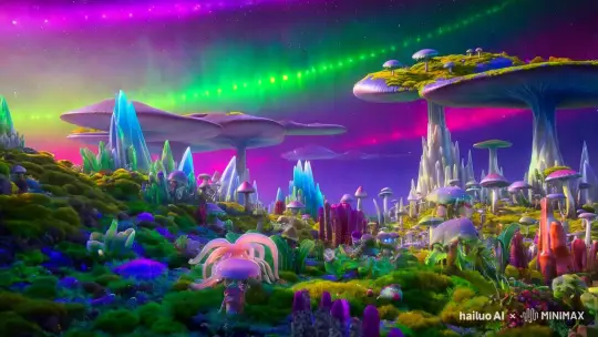 主题：异星生态奇观——外星生物日常生活
场景描述：
背景环境：
设定在一个遥远的外星星球，天空呈现出奇异的颜色，可能是紫色、绿色或蓝色渐变，伴有闪烁的极光或流动的星云。
地表覆盖着奇异的植被，如发光的植物、流动的苔藓或巨大的蘑菇森林，形成独特的生态系统。
远处可见异星地貌，如浮空岛屿、水晶山脉或流动的金属沙丘，展现该星球的奇异地质。
外星生物形态：
生物形态多样，包括但不限于：拥有透明皮肤、流动触手的软体生物；身披甲壳、拥有多只眼睛的节肢动物；以及具有光合作用能力的植物型生物。
生物体色丰富，使用生物发光、颜色变化或纹理变换进行交流或伪装。
部分生物拥有特殊能力，如飞行、隐身、瞬间移动或心灵感应，这些能力在它们的日常生活中得到体现。
生态生活场景：
展示生物之间的互动，如一群软体生物在发光植物下觅食，使用触手进行捕食或合作采集食物。
节肢动物在巨大的蘑菇森林中建立复杂的社群结构，进行交配、育雏或防御行为。
植物型生物在特定时间进行光合作用，与其他生物形成共生关系，如为其他生物提供庇护或食物。
细节与氛围：
强调异星生态的奇异与神秘感，通过光影、色彩和纹理的巧妙运用，营造出独特的视觉效果。
展示生物活动的动态感，如飞行生物的翅膀扇动、软体生物的触手摆动或节肢动物的快速移动。
营造一种和谐共生的氛围，展现外星生物之间的复杂关系，以及它们与环境的紧密联系。
图片风格：
采用高清数字绘画风格，注重细节刻画和光影效果，以呈现异星生态的细腻与真实。
色彩鲜明且对比强烈，以突出外星生物的奇异特征和生态环境的独特性。
额外提示：
可以在画面中融入一些外星科技的元素，如生物发光的道路、悬浮的飞行器或异星建筑的轮廓，以丰富场景的故事性和想象力。
强调生态的平衡与和谐，通过生物间的互动和环境的细节描绘，传达出对异星生态的敬畏和尊重。 by Hailuo AI Video Generator