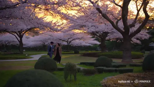 画一对情侣在公园落日下散步身旁还有樱花树在落花瓣 by Hailuo AI Video Generator