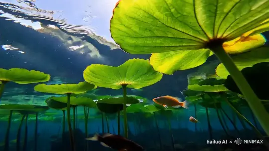 通过水下摄影设备，从鱼儿的视角拍摄它们在莲叶下方游动的情景。可以看到鱼儿在莲叶的茎秆间穿梭，莲叶的脉络清晰可见，阳光透过水面洒在莲叶和鱼儿身上，形成独特的光影效果。当鱼儿游过，会带动周围的水流，使莲叶轻轻摆动，营造出一种灵动的氛围。 by Hailuo AI Video Generator