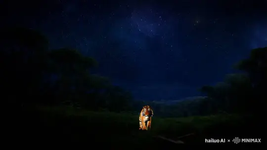 繁星点点，星光璀璨的森林里，一只可爱的小猫咪，在一道电闪雷鸣下，突然变成了一只凶猛的老虎。 by Hailuo AI Video Generator
