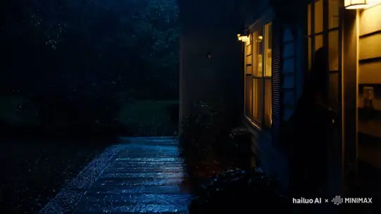 雨夜，屋内的主人听到敲门声，开门后发现没有人，关上门转身后，一只鬼出现在眼前 by Hailuo AI Video Generator