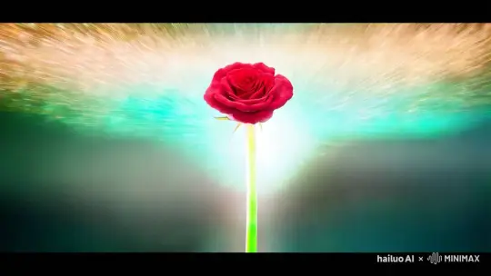 一束粒子光效从画面下方发射到画面中间，经过炫酷的变化，变成一束漂亮的红玫瑰，玫瑰花周围有光影承托，画面整体配合玫瑰花有氛围感。整体画面风格是梦幻、意境的效果。 by Hailuo AI Video Generator