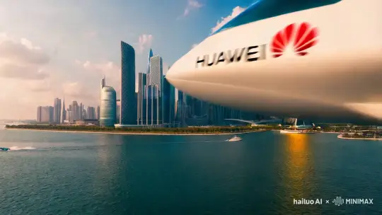 一个令人叹为观止的未来派场景捕捉到了一艘光滑的白色HUAWEI AI宇宙飞船,雄伟地在繁华的城市景观上方翱翔。下面的城市是建筑创新的证明,高耸的摩天大楼拥有复杂的设计,将城市的灯光反射到波光粼粼的水面上。飞船充满活力的蓝色引擎辉光将其包裹在迷人的光环中,而其自豪的标志则装饰在前部。晴空万里,云彩点缀,是这令人敬畏的奇观的完美背景。下面,船只在水面上航行,增添了动感的氛围,强调了科技与自然的和谐共存。 by Hailuo AI Video Generator